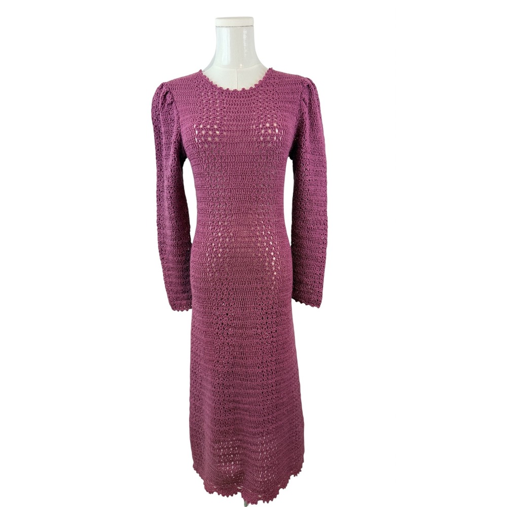 Cottagecore Vintage Handmade Crochet Maxi Dress Long Sleeve Sheer